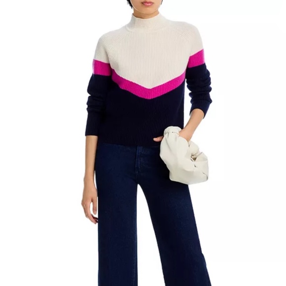 Luxurious 100% Cashmere Color Block Chevron Sweater By Aqua in Ivory / Pink/ Nav - Picture 1 of 6